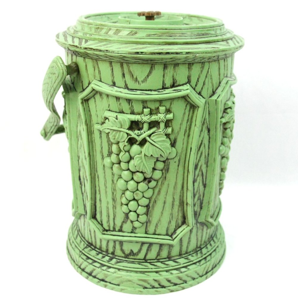 Vintage 1960's Faux Wood Ice Bucket Cooler Barware Green w Grapes Handle Country